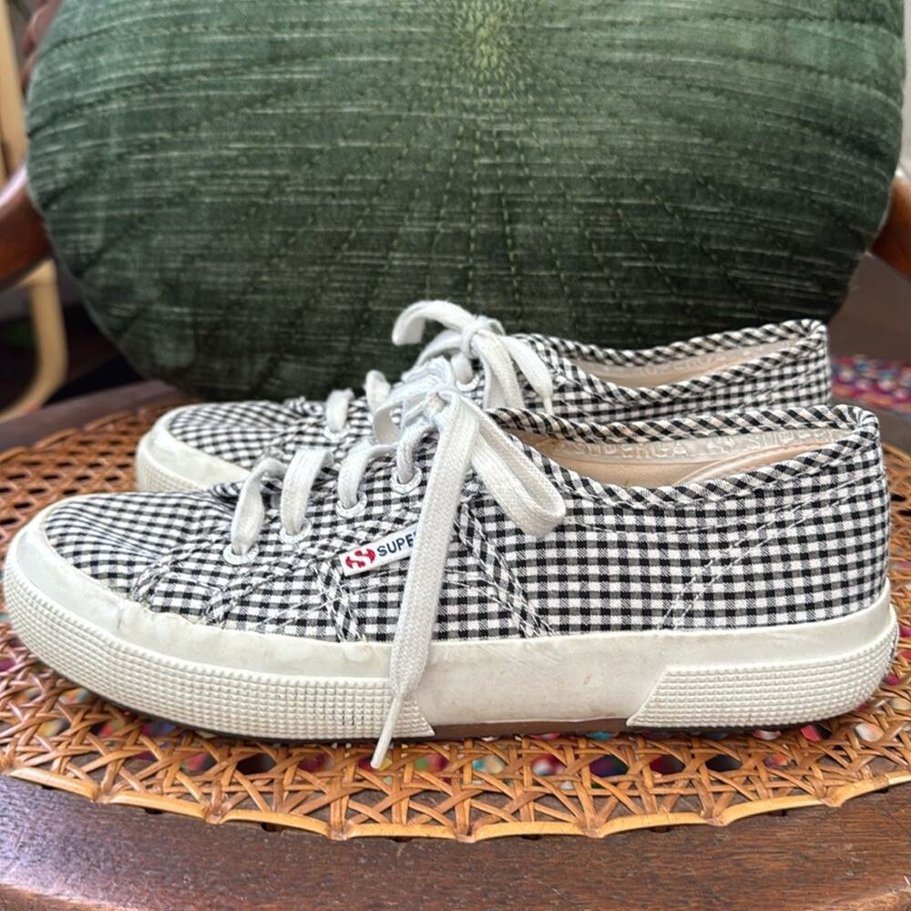 Superga Black & White Classic Preppy Gingham Checkered Lace Up Sneakers